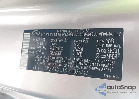 2024 Hyundai Santa Fe Xrt from USA, damaged, VIN 5NMP3DGL9RH025747